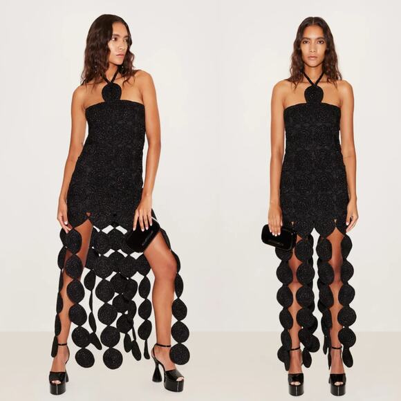 NEW Simon Miller Dress Beep Beep Fringe Black Crochet Halter Maxi Dress Size M